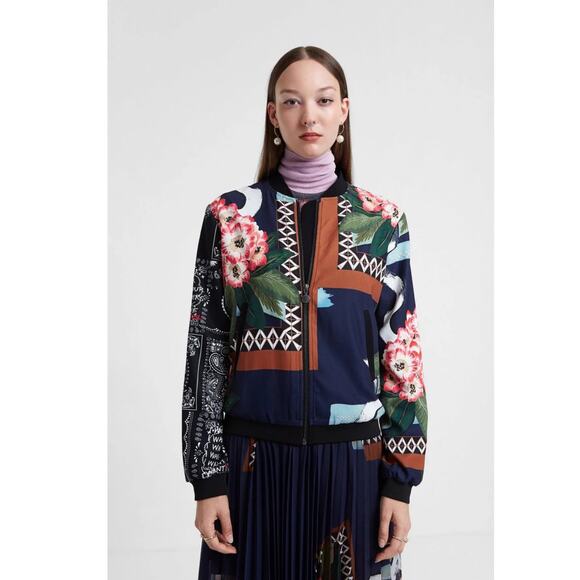 NWT DESIGUAL Bomber Jacket 44~M  Floral Paisley Patchwork Graphic Writing Logo - Picture 1 of 13
